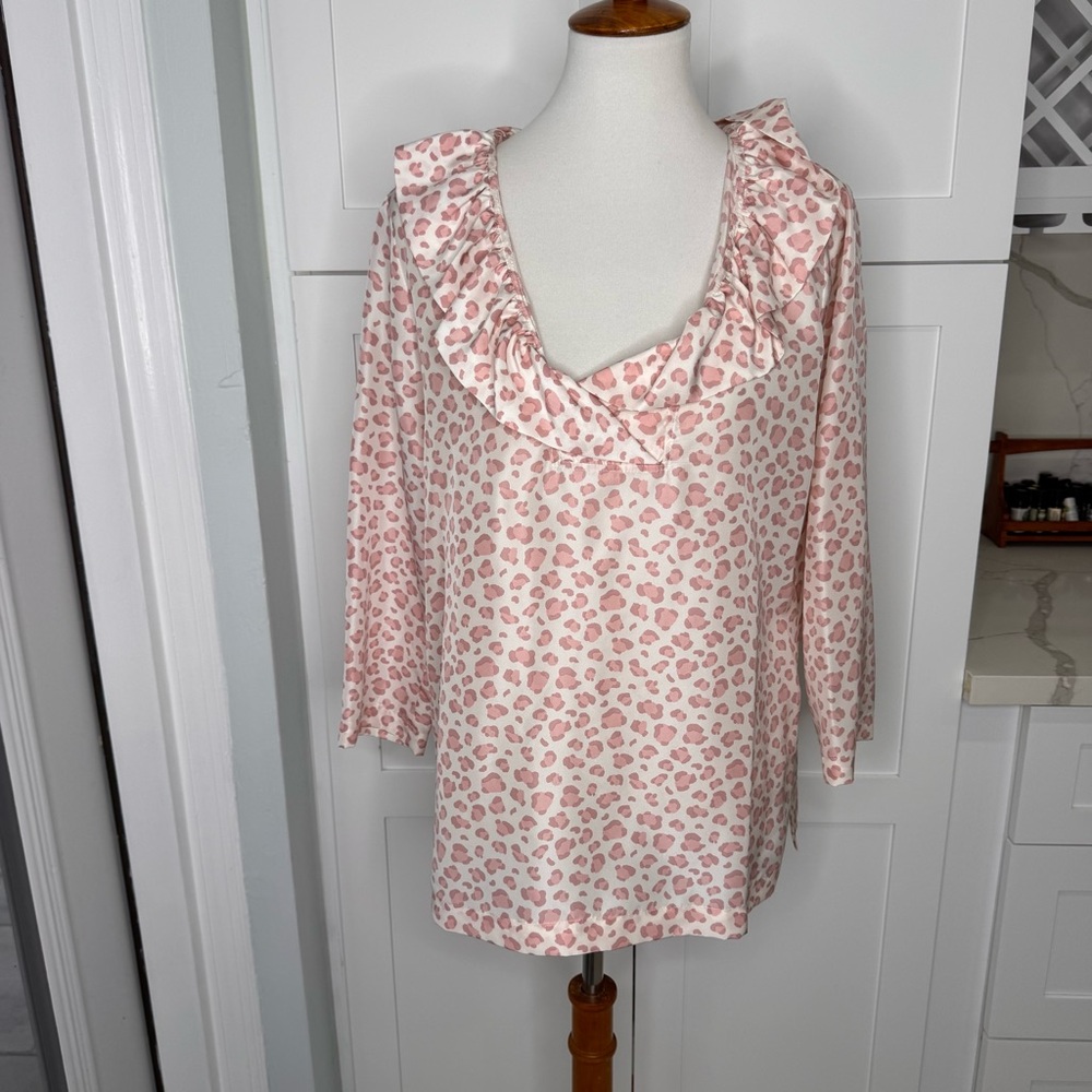 Devon Baer Women’s Pink Leopard Print 100% Silk Blouse Top Size Large
